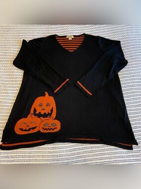 One World Halloween festive V-neck tunic top/sweater embellish pumpkins Size 1X